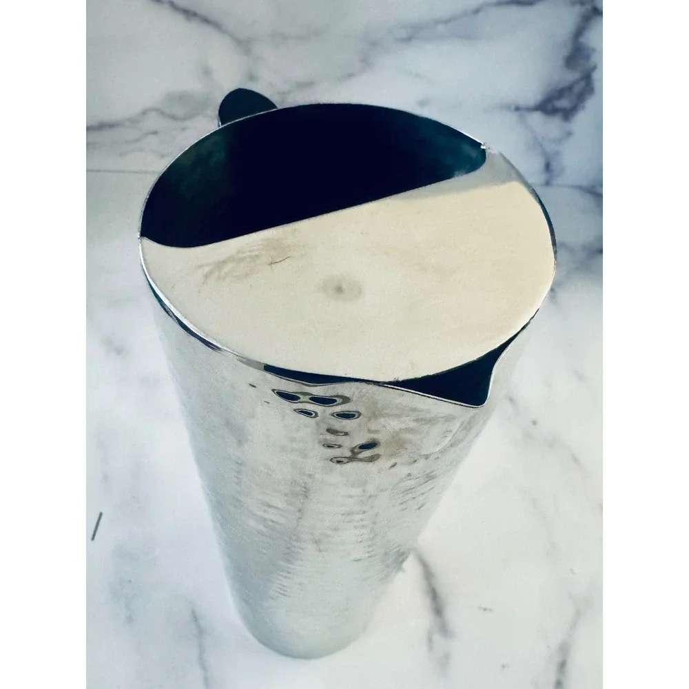Vintage Hammered Stainless Steel Water Pitcher MCM Tall Ice Lip Black Handle‎